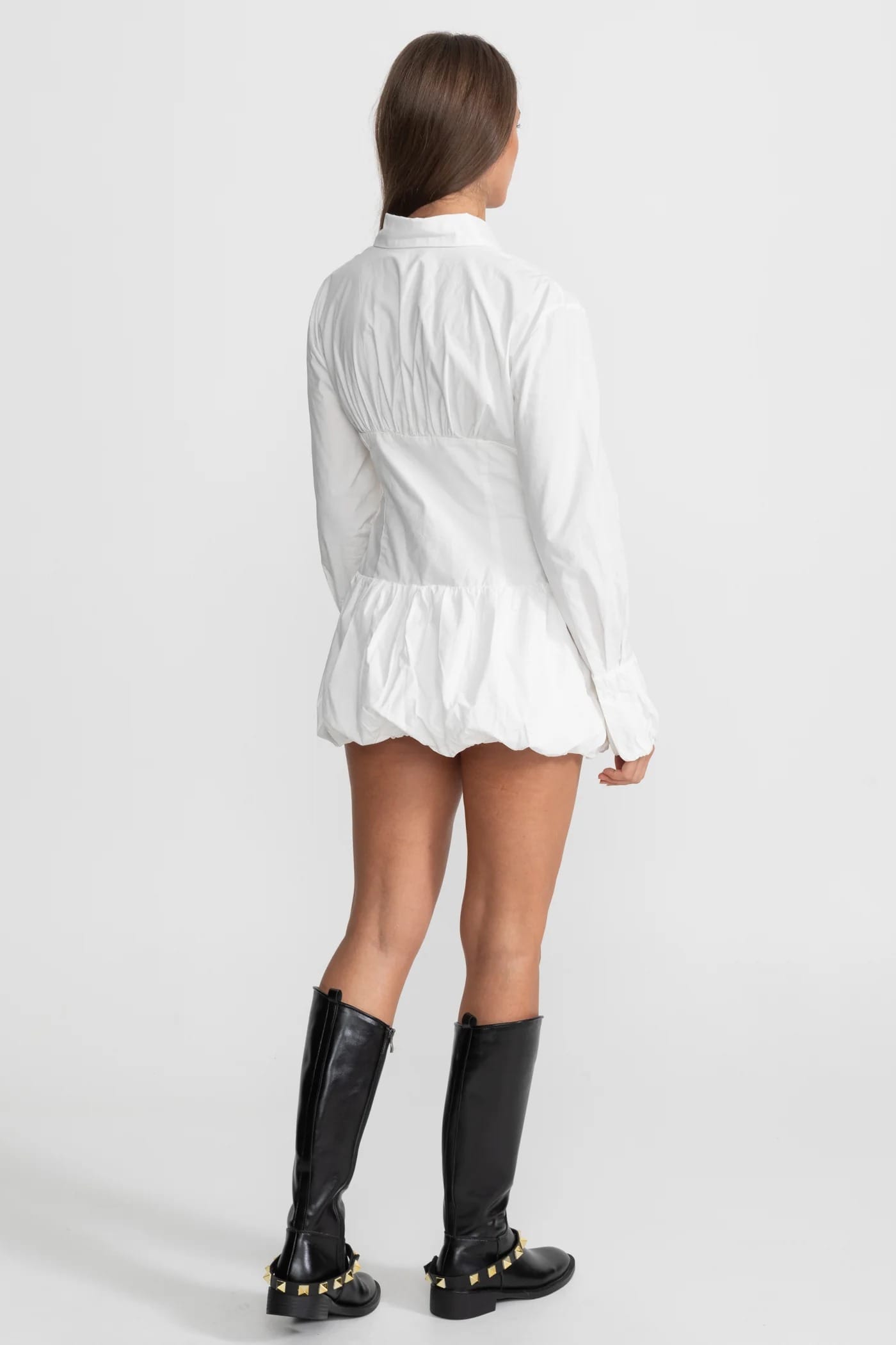 Long Sleeve Collared Mini Dress with Gathered Front and Bubble Hem - White