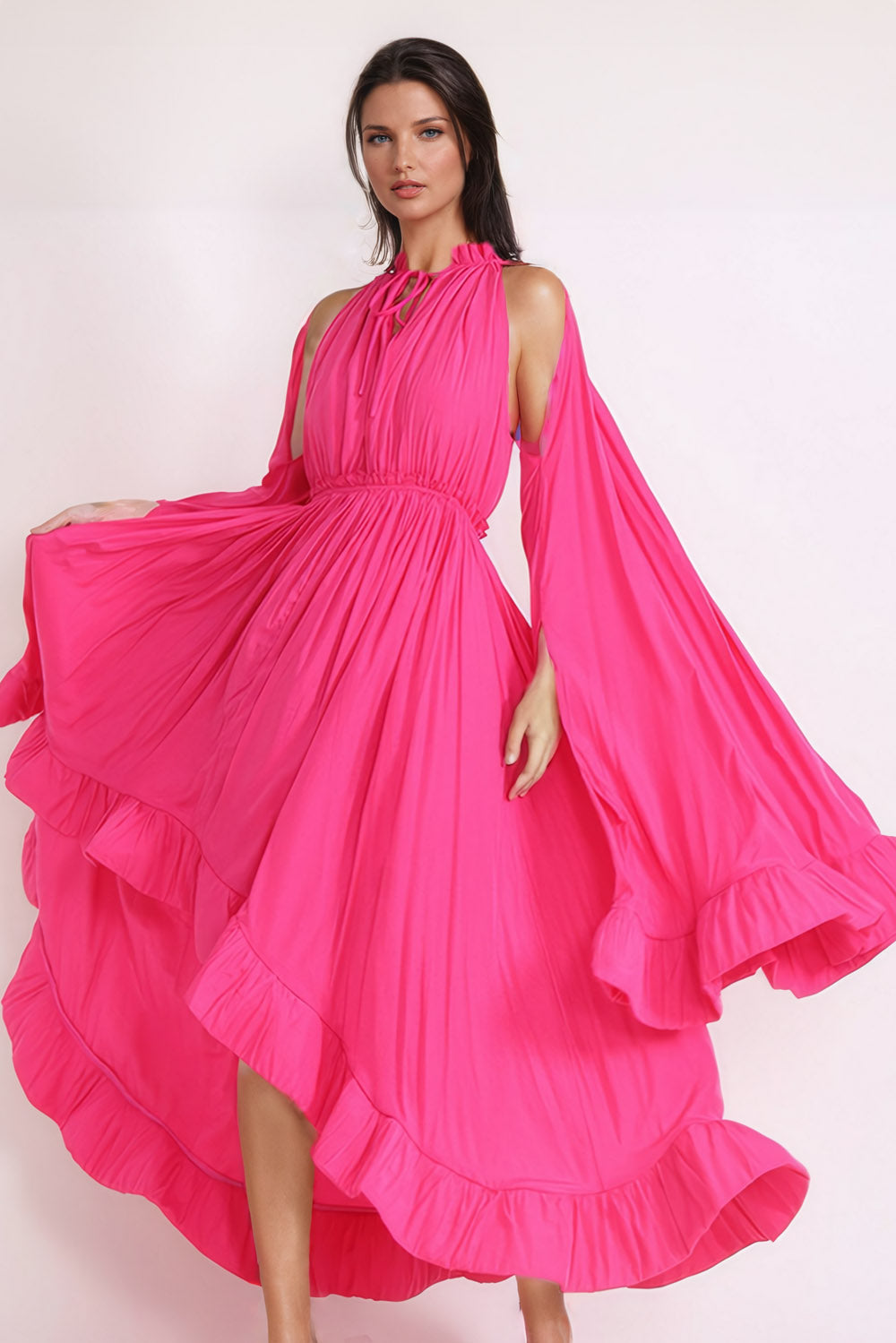 Cape-Style Long Sleeve Pleated Maxi Dress - Pink