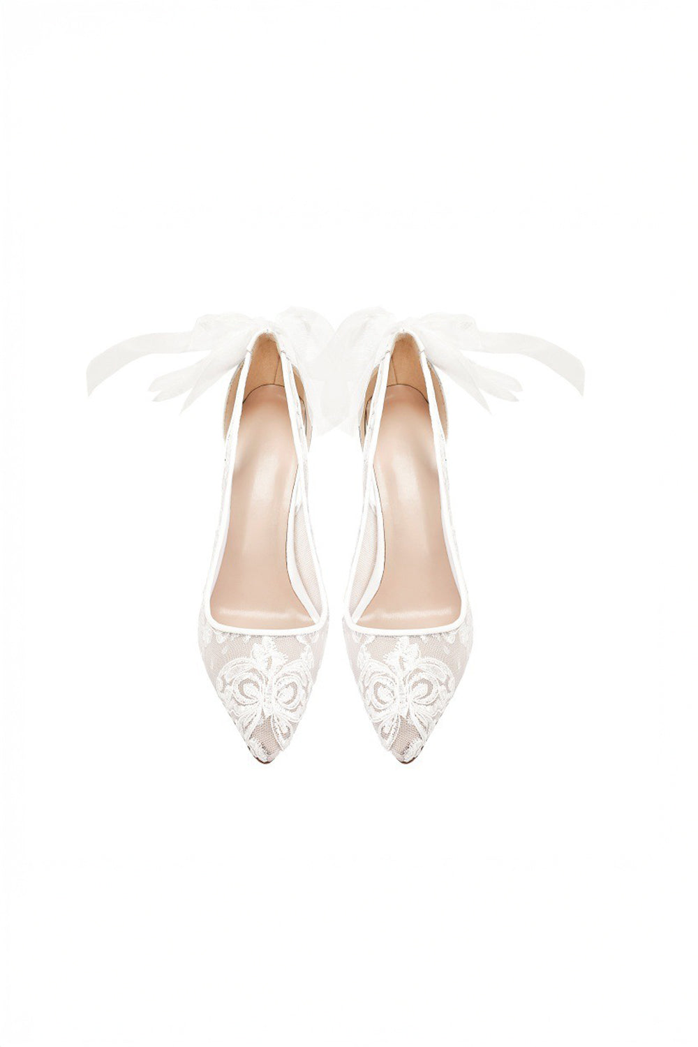 Pointed Toe Heels with Mesh Panel and Oversized Bow - White