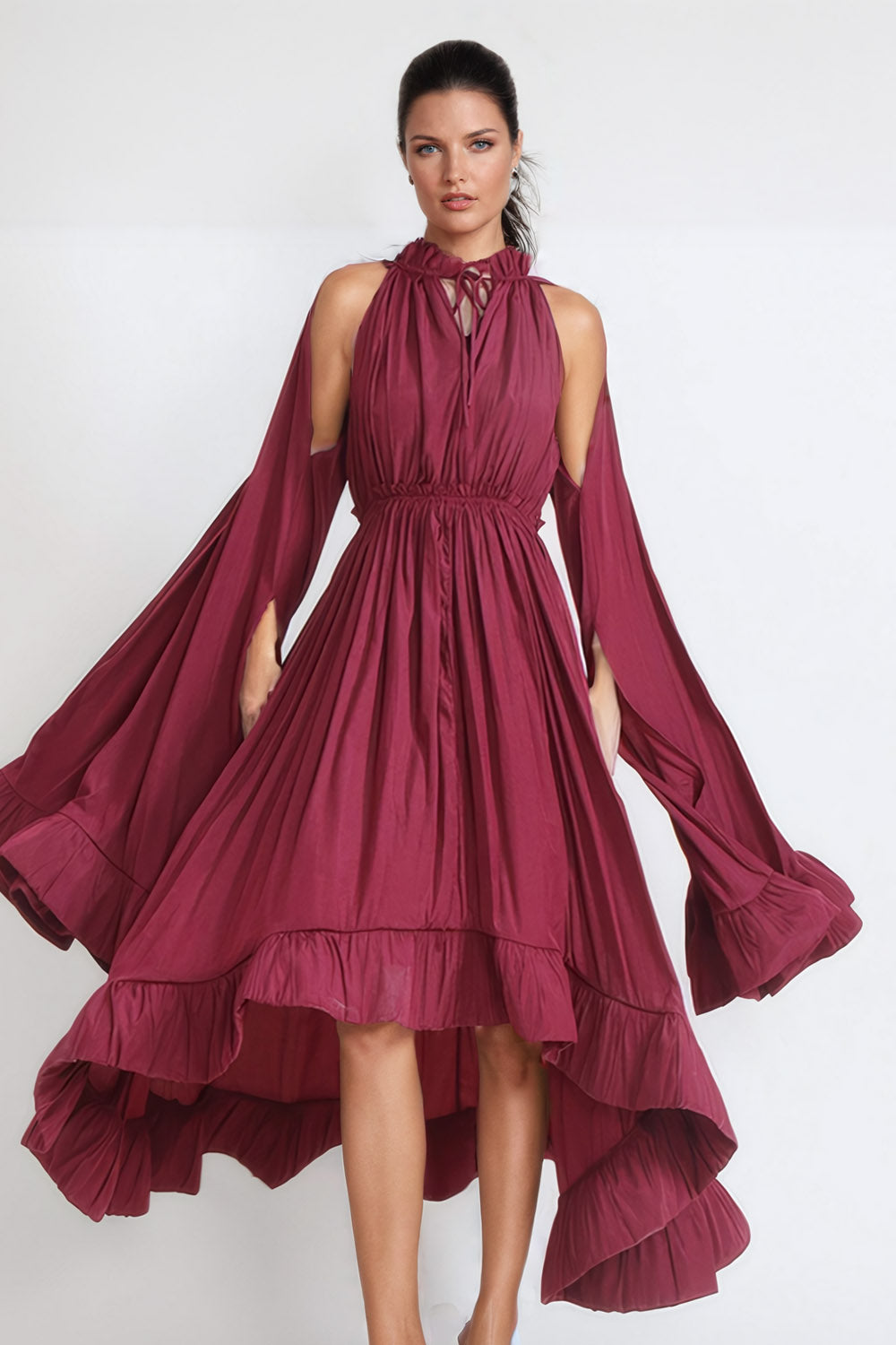 Cape-Style Long Sleeve Pleated Maxi Dress - Burgundy