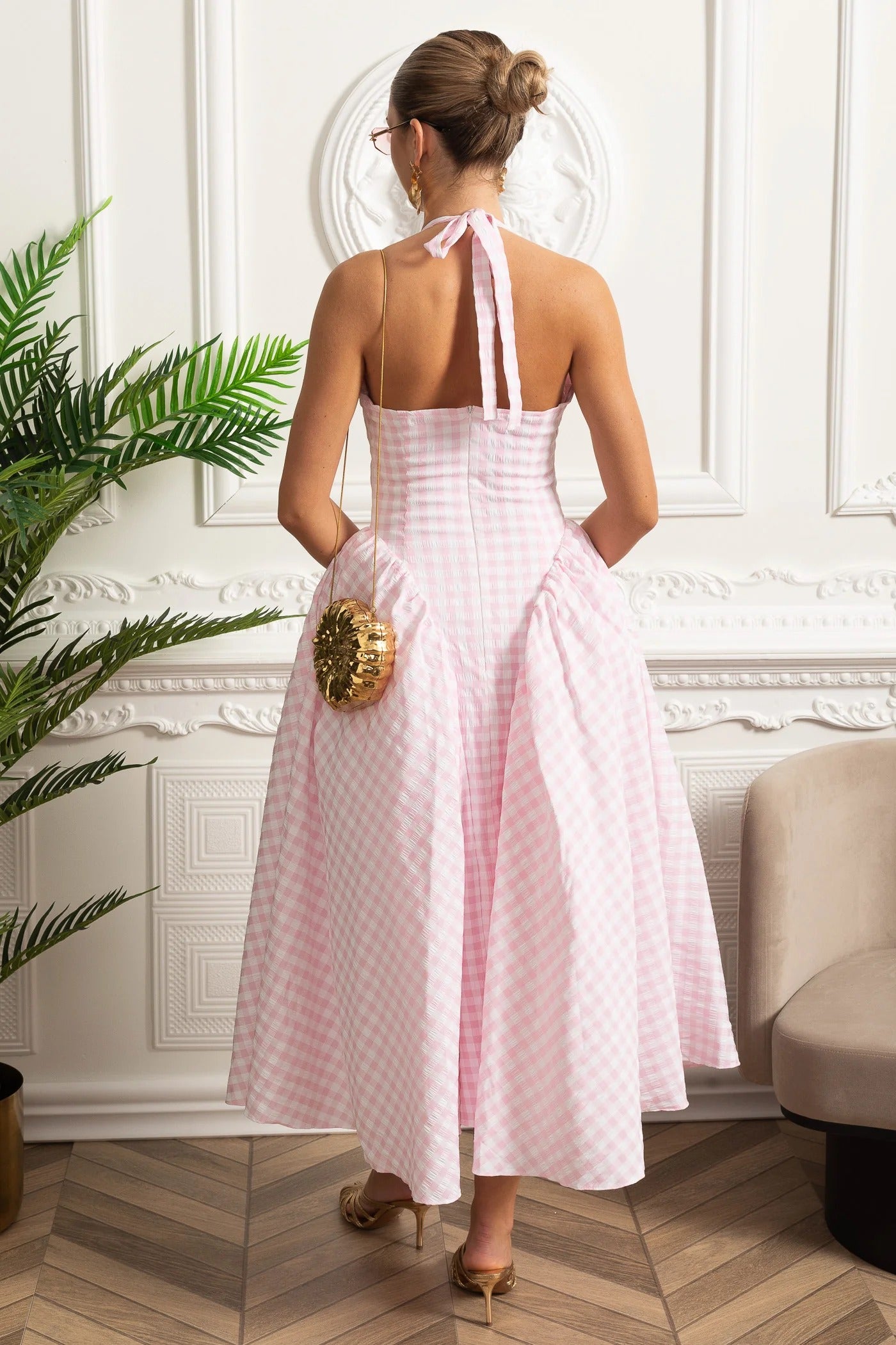 Gingham Halter Midi Dress With Full Skirt - Pink