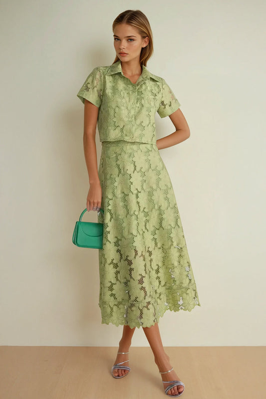 Two-Piece Set with Short Sleeve Collared Top and Floral Midi Skirt - Green