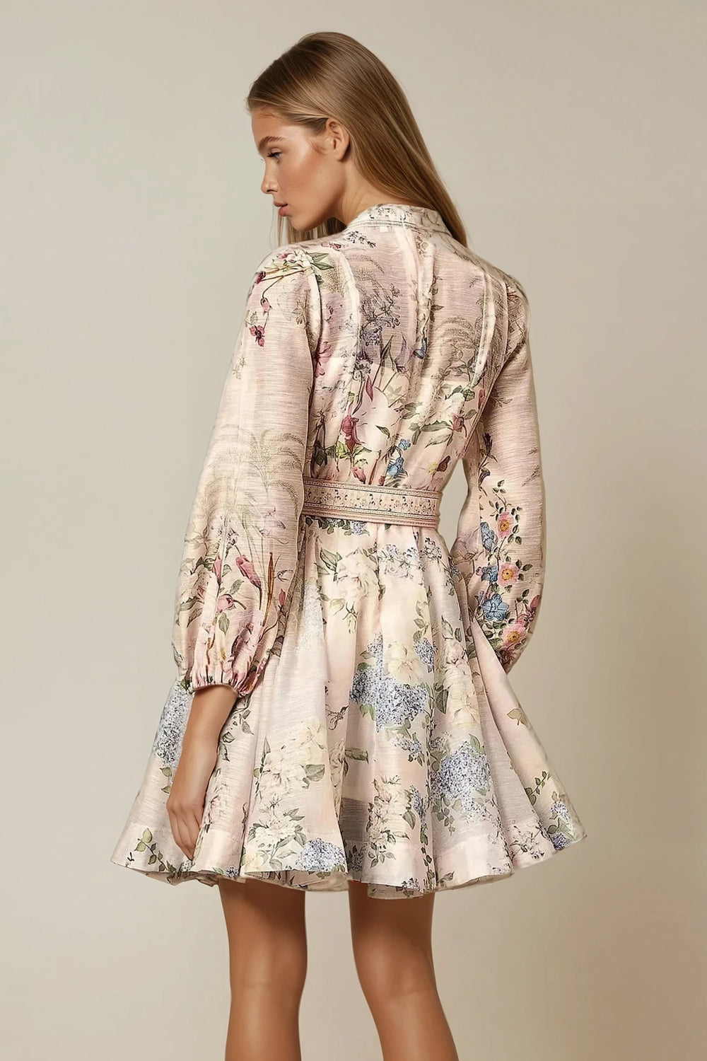 Mini Dress with Belt and Long Sleeves - White