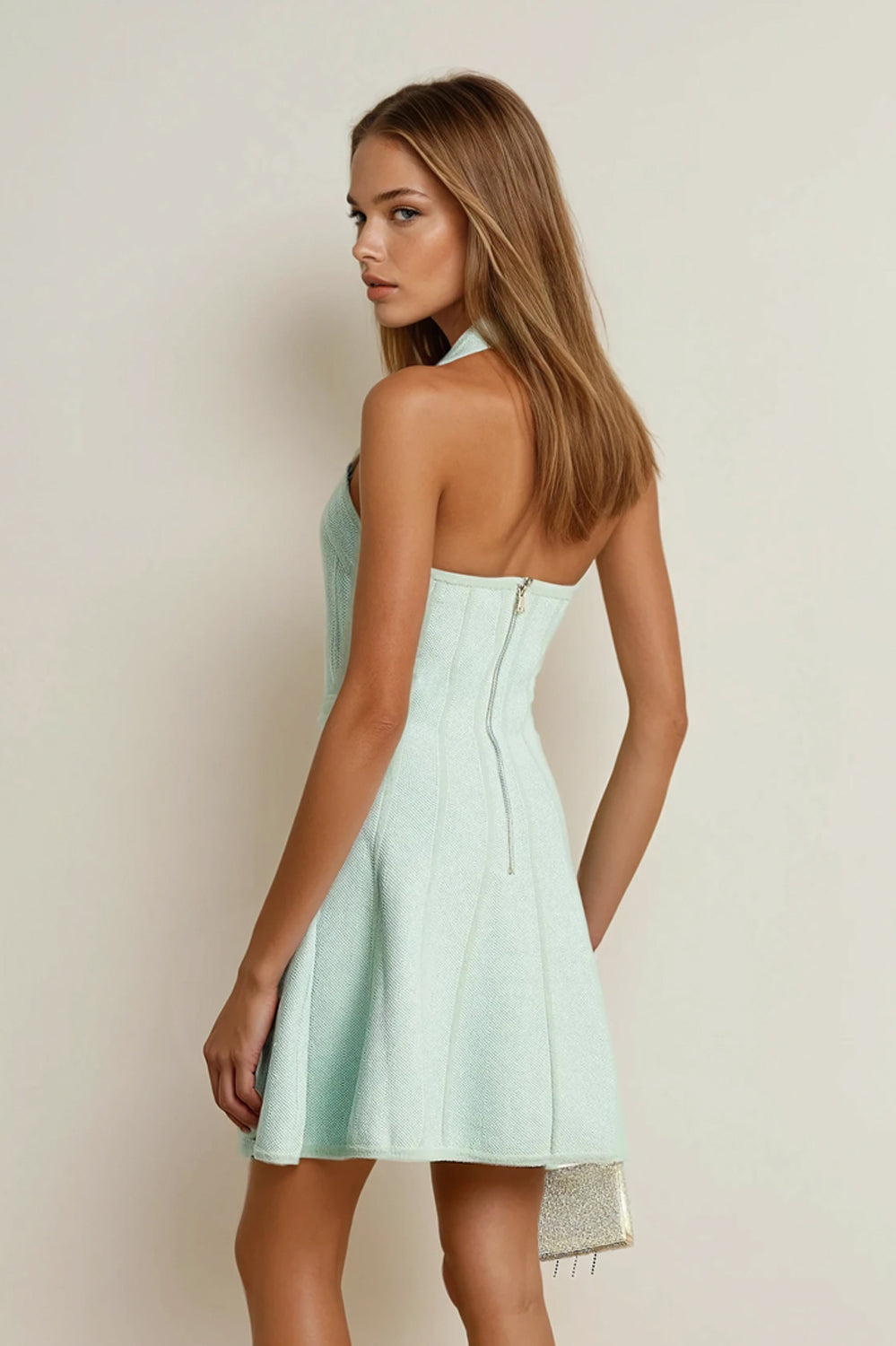 Knitted Halter Fit-and-Flare Mini Dress - Green