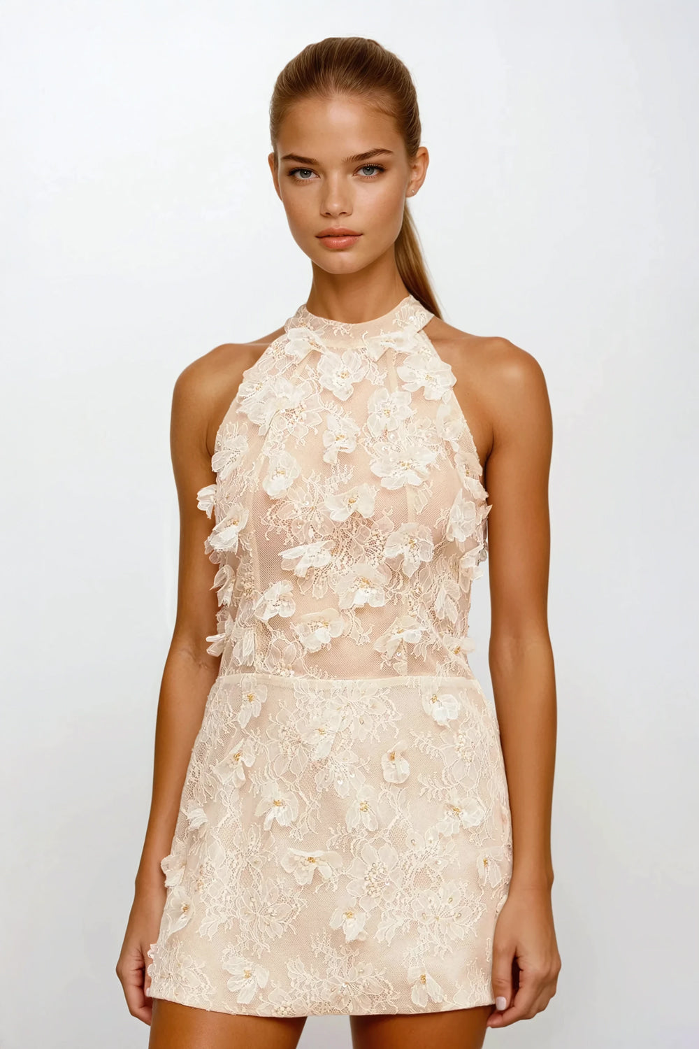 Halter Neck Mini Dress with Floral Lace Detailing - Apricot