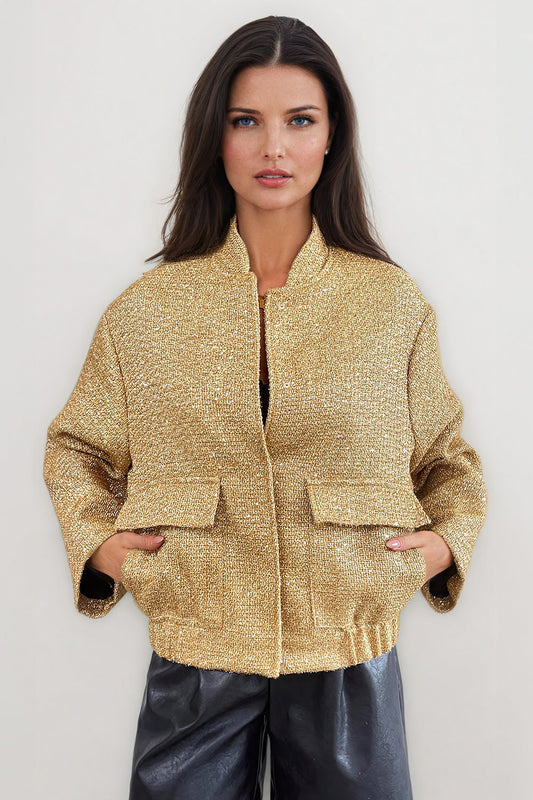 Sequin Embellished Jacket with Oversized Sleeves - Gold