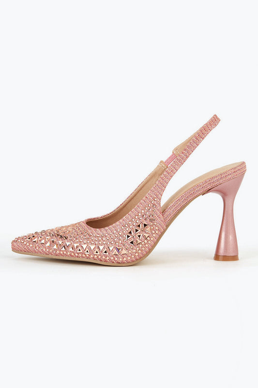 Pointed Slingback Heels with Allover Gem Detailing - Pink