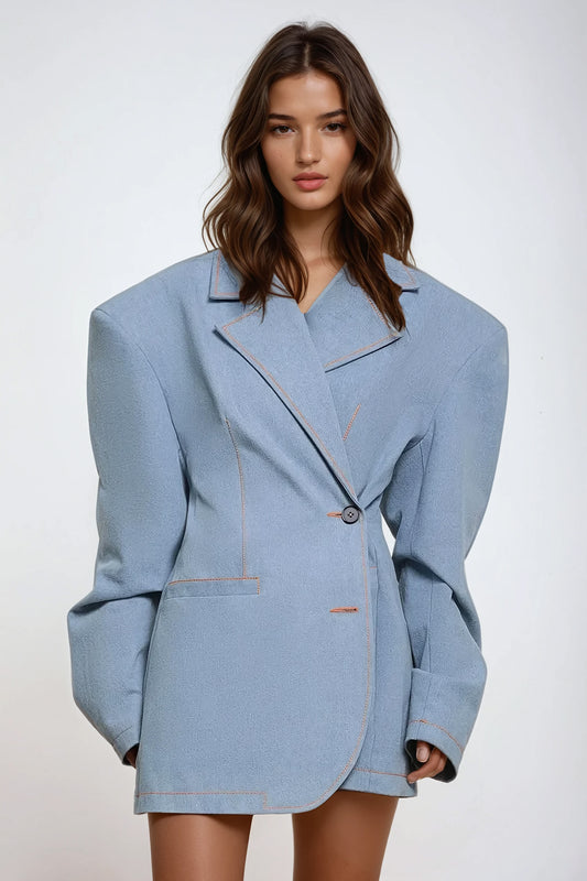 Oversized Blazer with Sculpted Shoulders - Blue