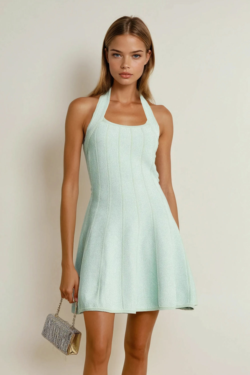 Knitted Halter Fit-and-Flare Mini Dress - Green