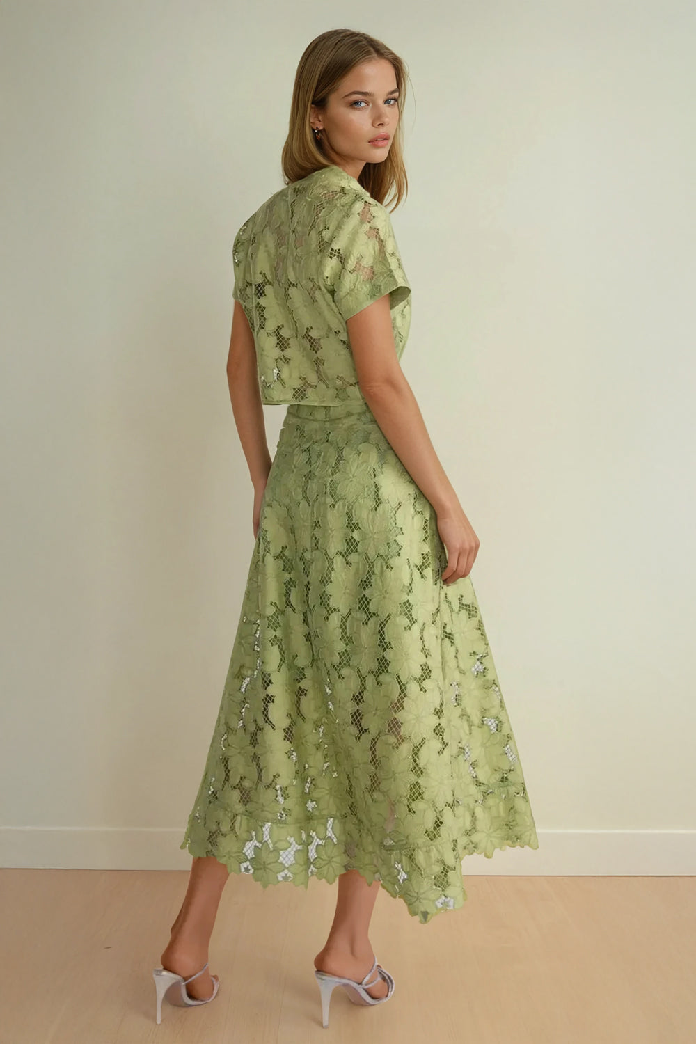 Two-Piece Set with Short Sleeve Collared Top and Floral Midi Skirt - Green