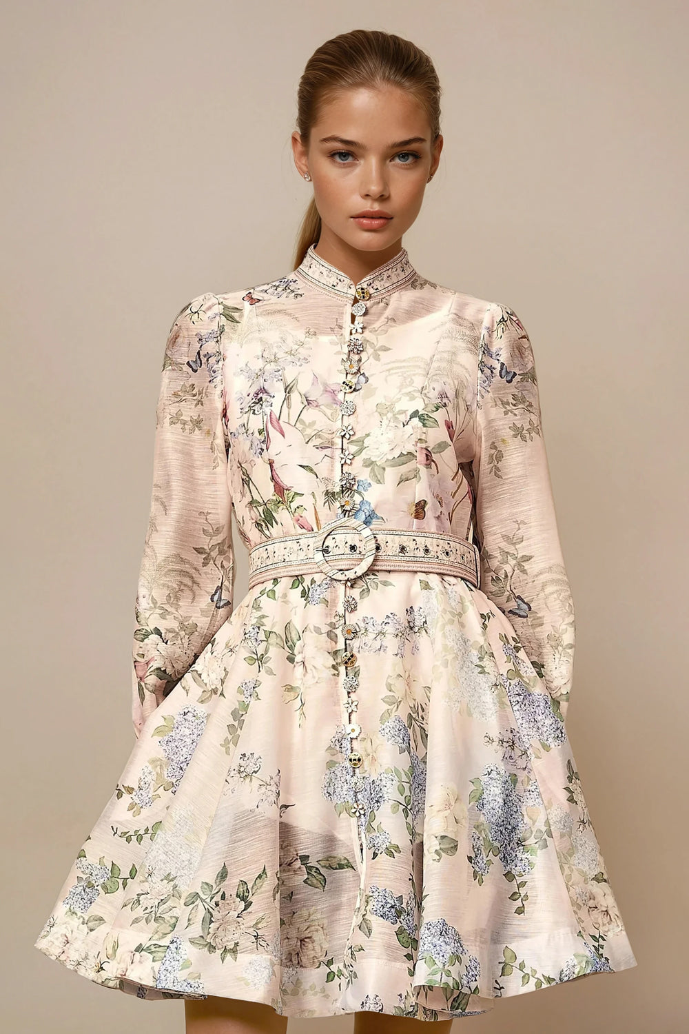 Mini Dress with Belt and Long Sleeves - White
