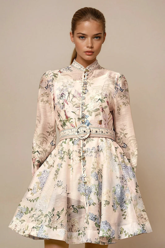 Mini Dress with Belt and Long Sleeves - White