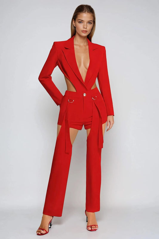 Two-Piece Set with Plunge Neck Blazer and Convertible Trousers - Red