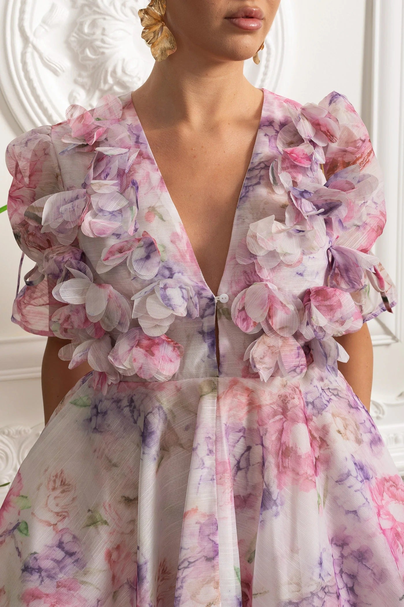 Puff Sleeve Mini Dress With 3D Floral Appliqués and Watercolor Print - Pink
