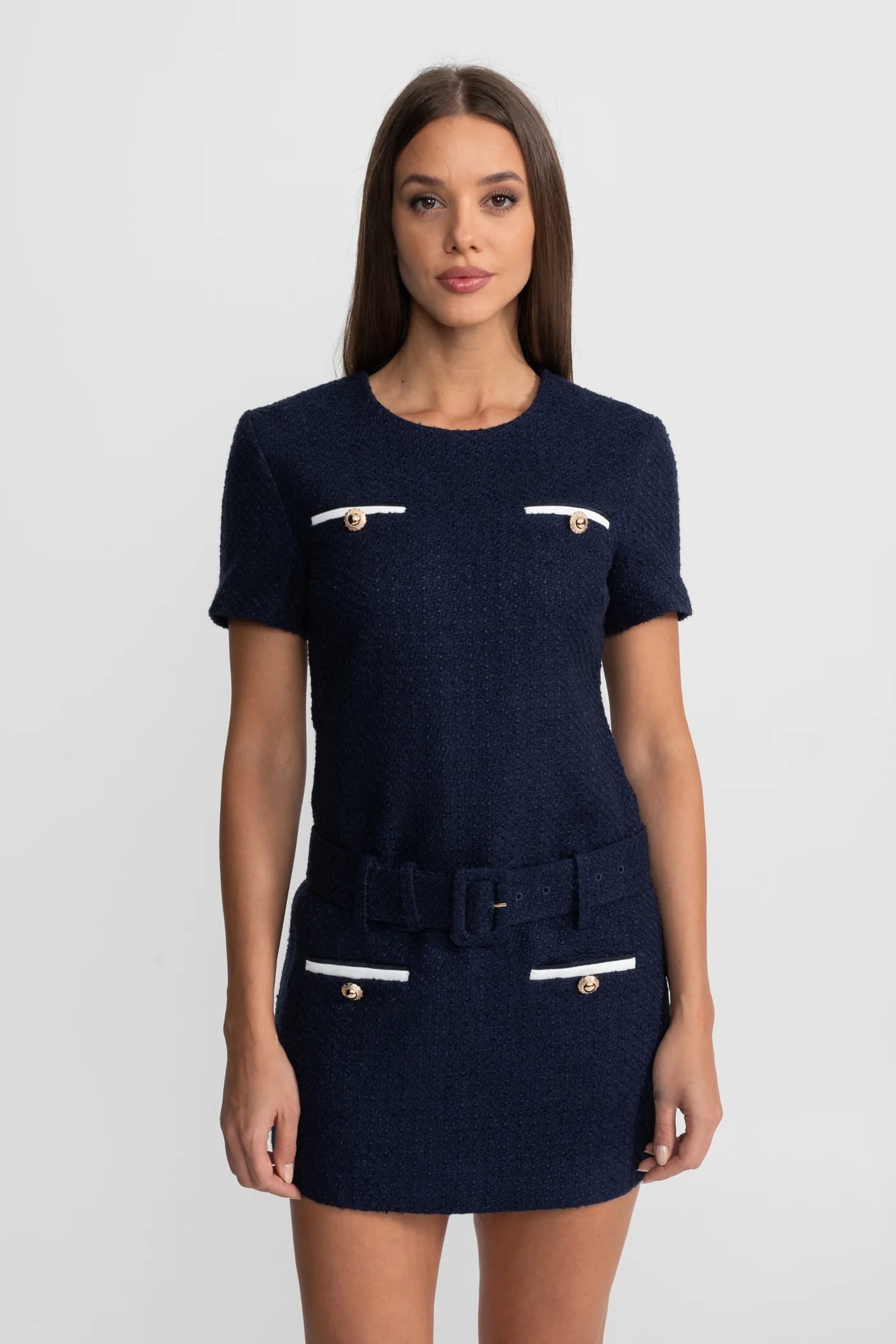 Short Sleeve Mini Dress with Belt and Pocket Detail - Blue