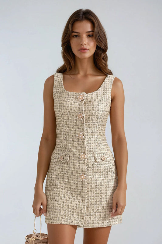 Square Neck Buttoned Mini Dress - Beige