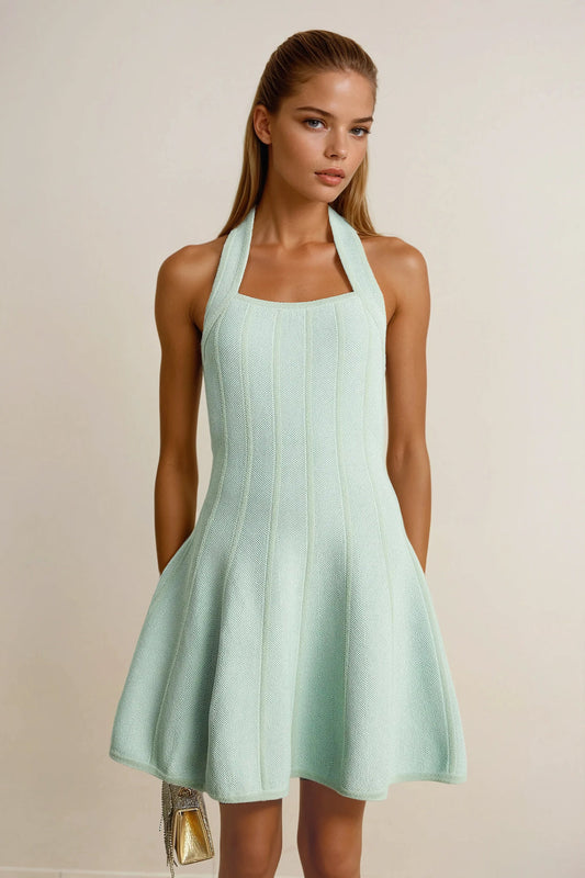 Knitted Halter Fit-and-Flare Mini Dress - Green