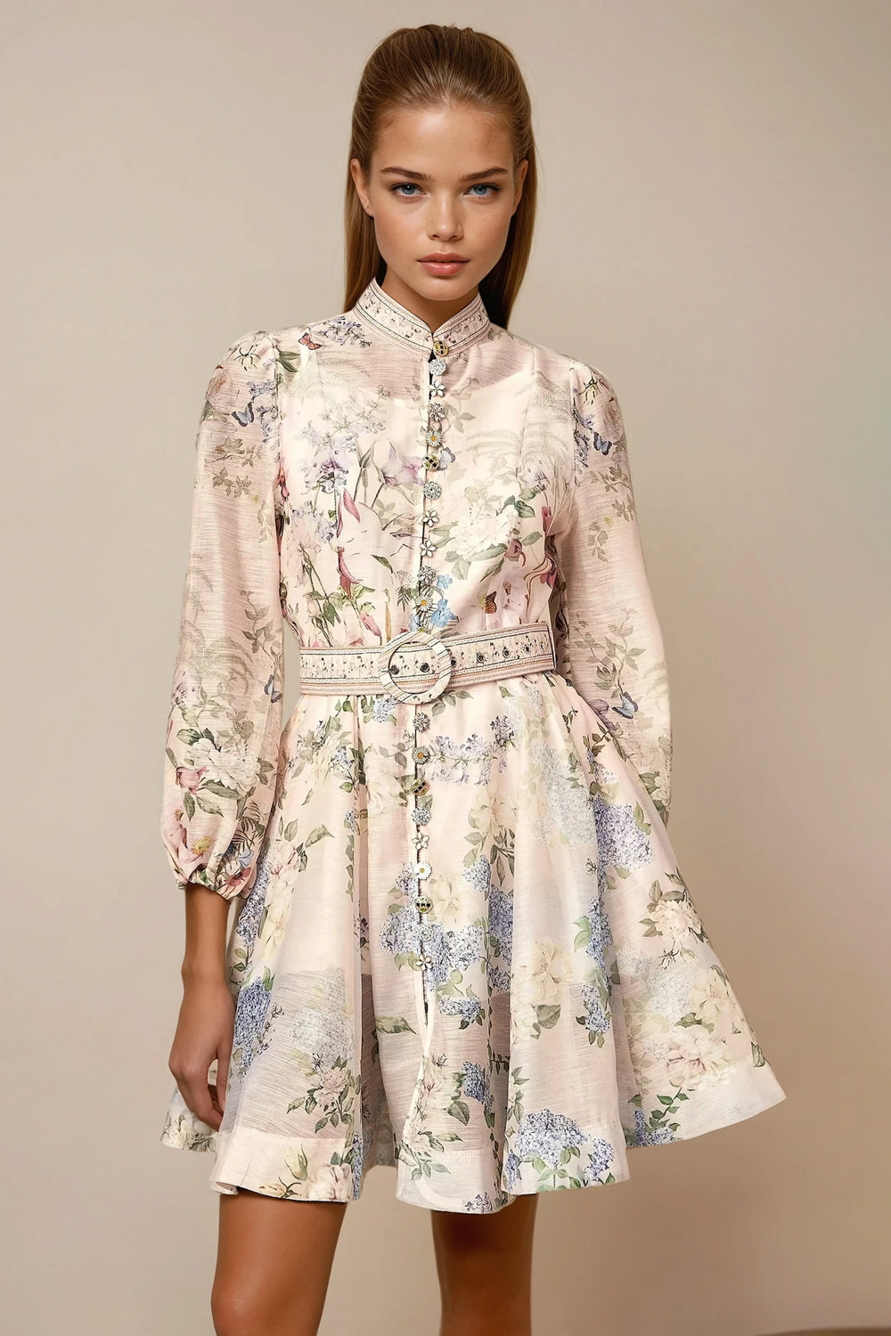 Mini Dress with Belt and Long Sleeves - White