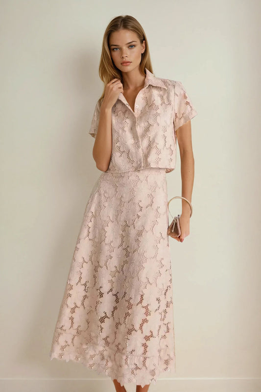 Two-Piece Set with Short Sleeve Collared Top and Floral Midi Skirt - Beige