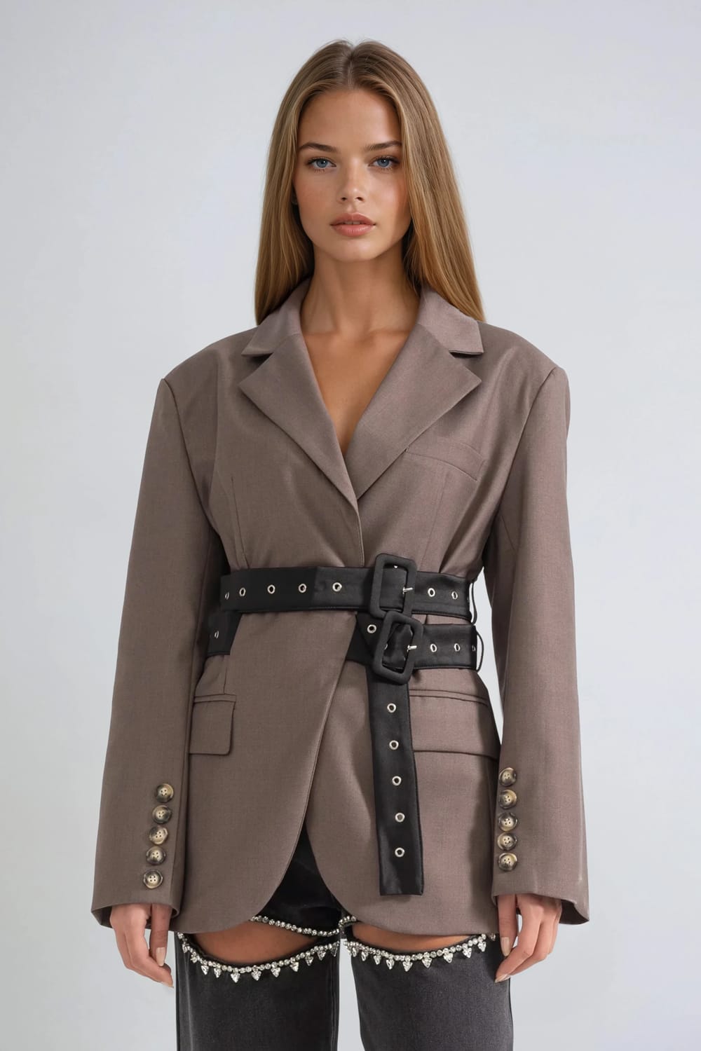 Blazer with Metal Eyelet Accent Belt - Gray