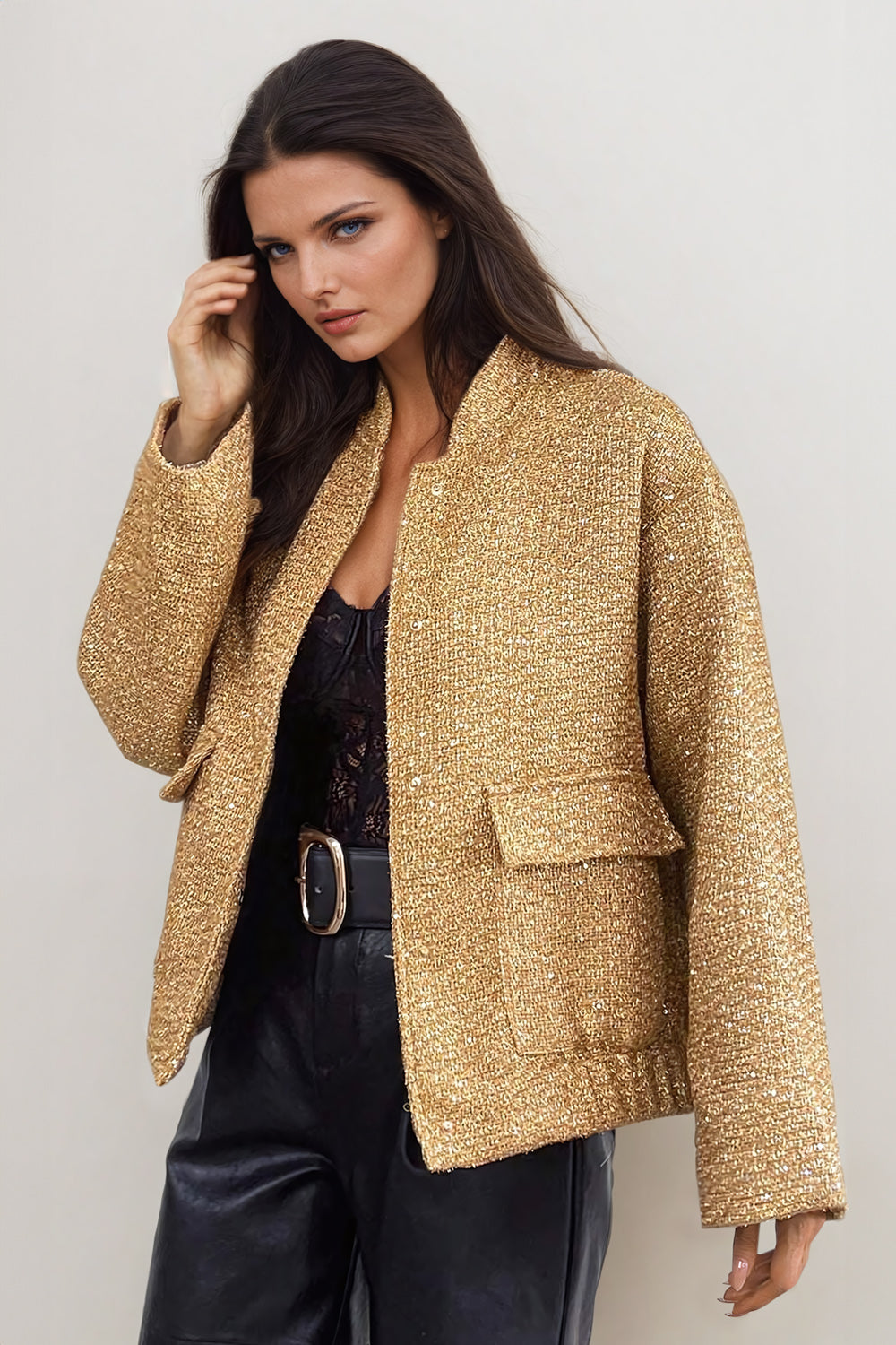 Sequin Embellished Jacket with Oversized Sleeves - Gold