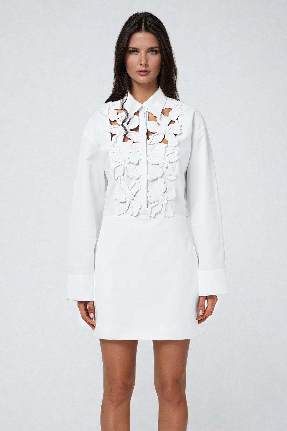 Floral Cut-Out Shirt Style Mini Dress - White
