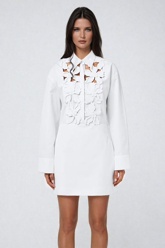 Floral Cut-Out Shirt Style Mini Dress - White