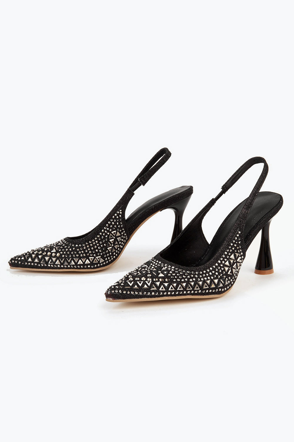Pointed Slingback Heels with Allover Gem Detailing - Black