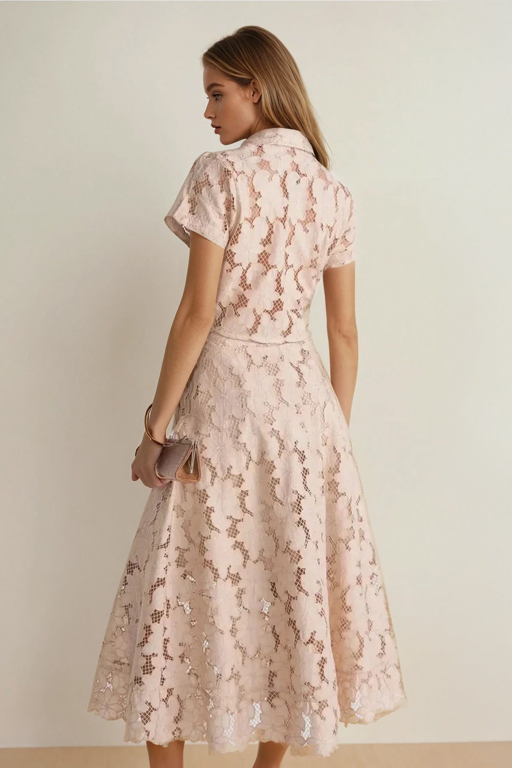 Two-Piece Set with Short Sleeve Collared Top and Floral Midi Skirt - Beige