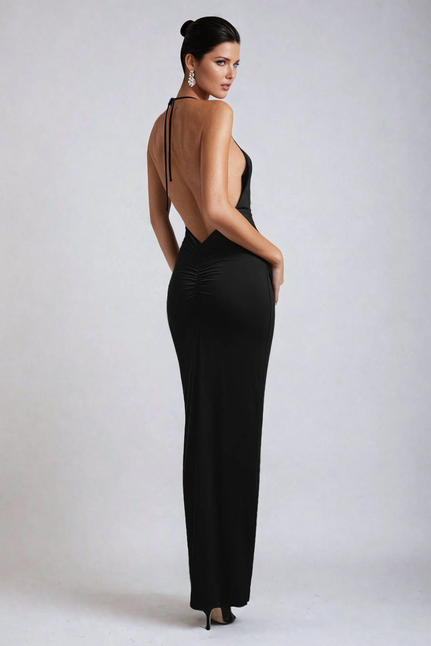 Halter Maxi Dress with Ruched Detailing - Black