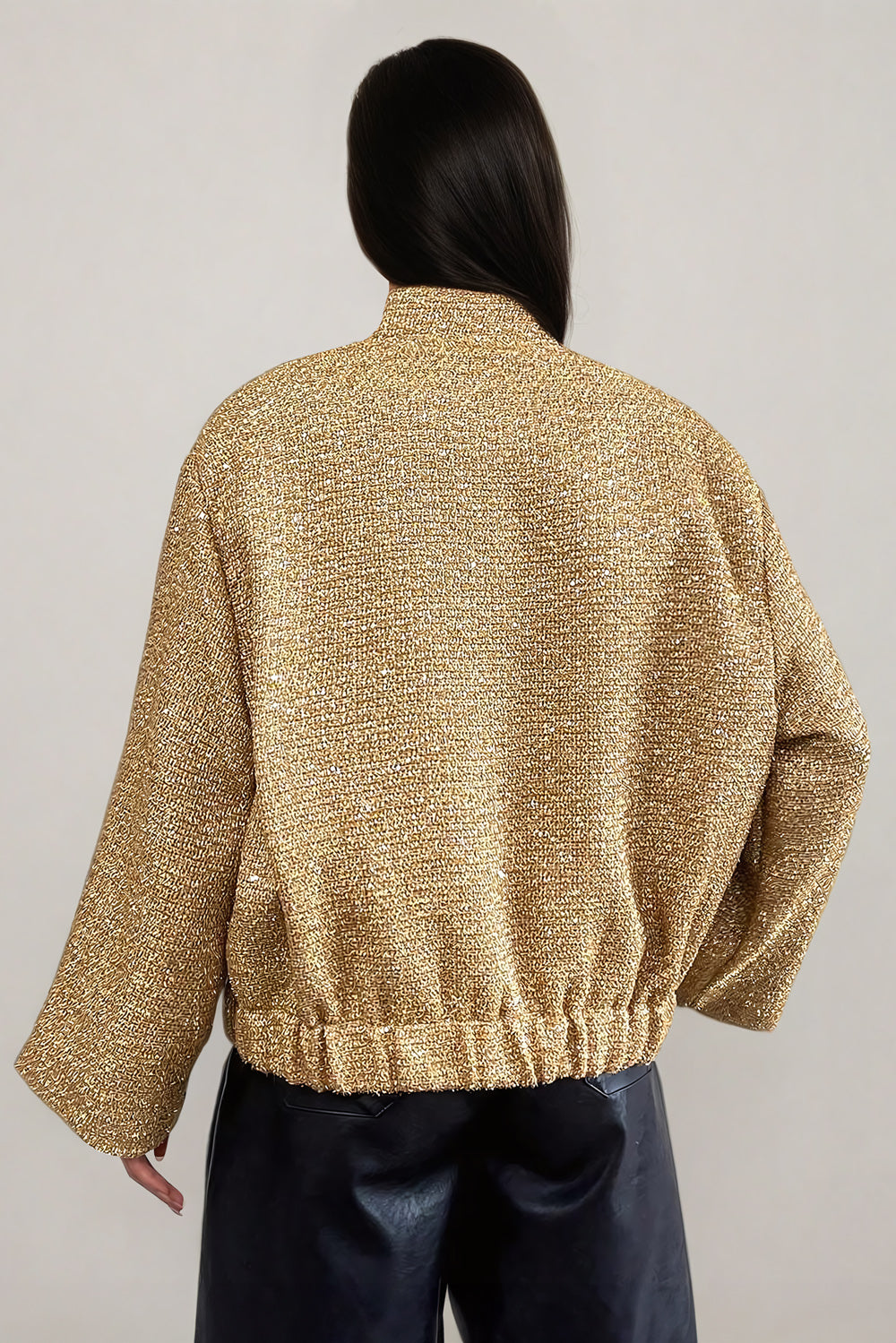 Sequin Embellished Jacket with Oversized Sleeves - Gold