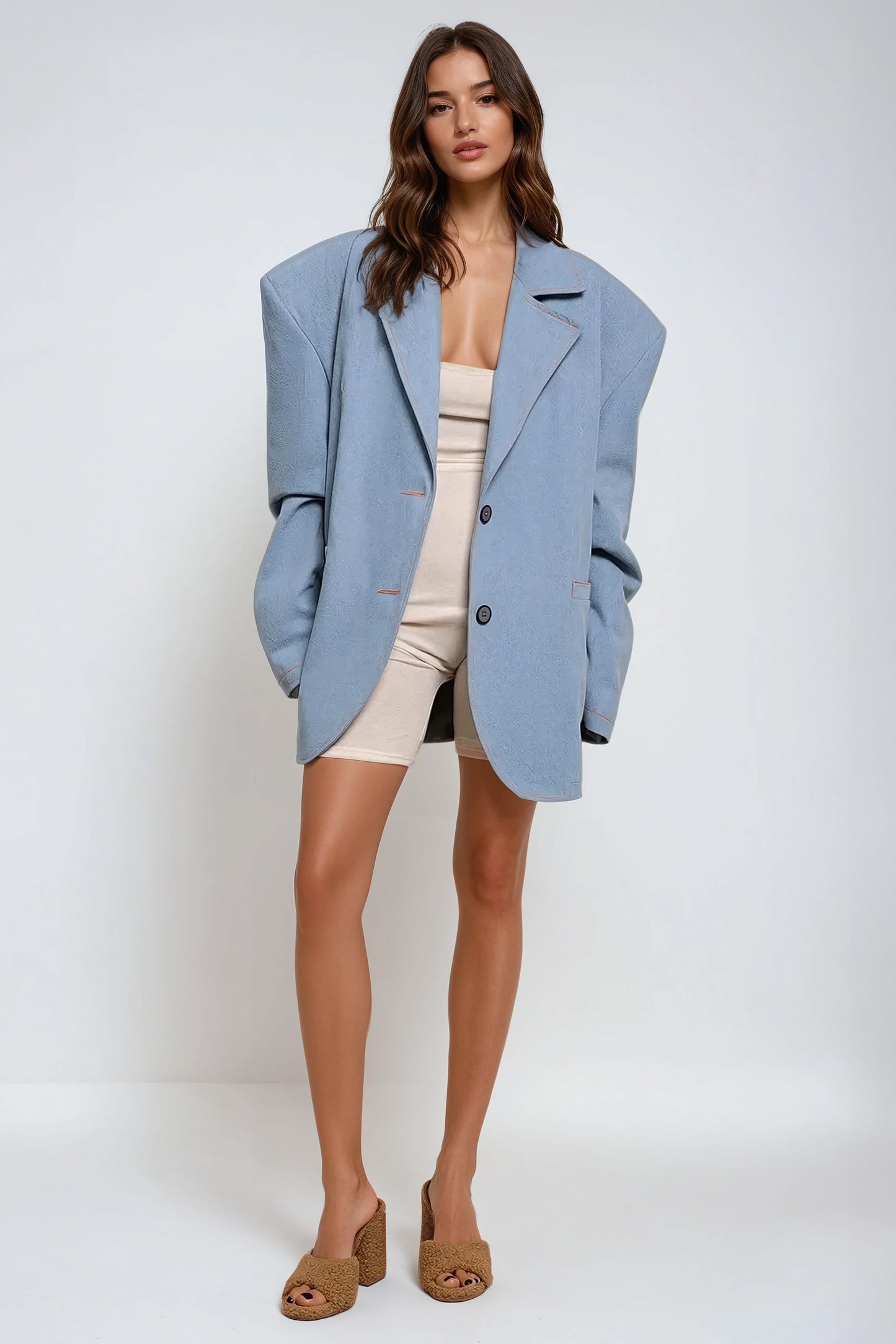 Oversized Blazer with Sculpted Shoulders - Blue