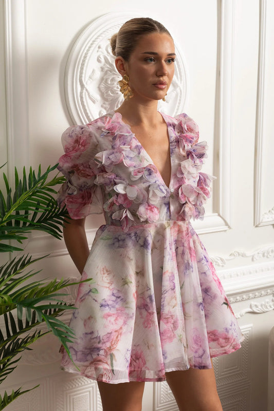 Puff Sleeve Mini Dress With 3D Floral Appliqués and Watercolor Print - Pink