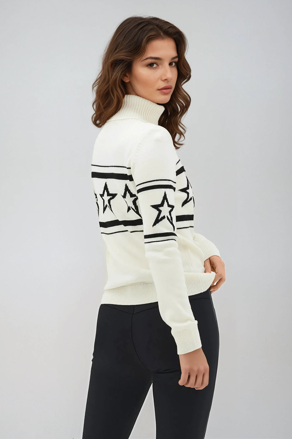 Turtleneck Knitted Sweater with Star Pattern - White