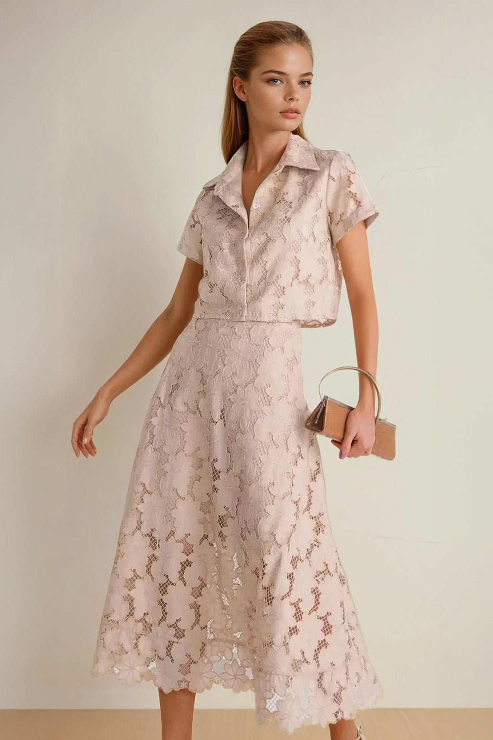 Two-Piece Set with Short Sleeve Collared Top and Floral Midi Skirt - Beige