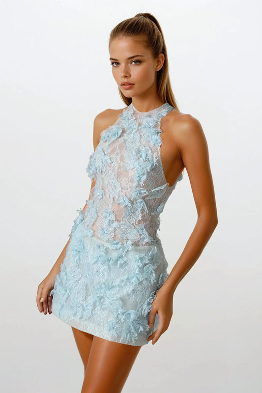 Halter Neck Mini Dress with Floral Lace Detailing - Blue