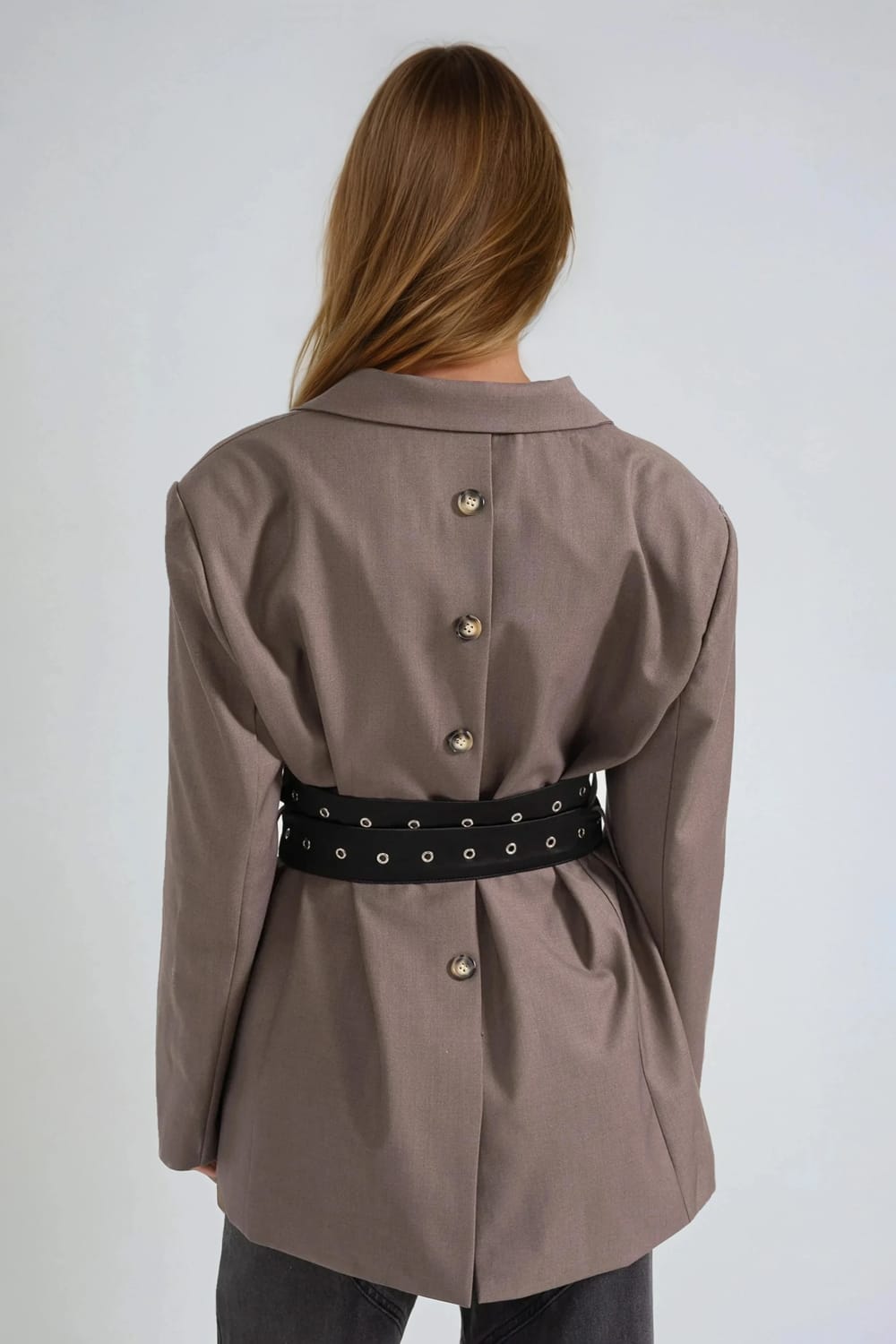 Blazer with Metal Eyelet Accent Belt - Gray