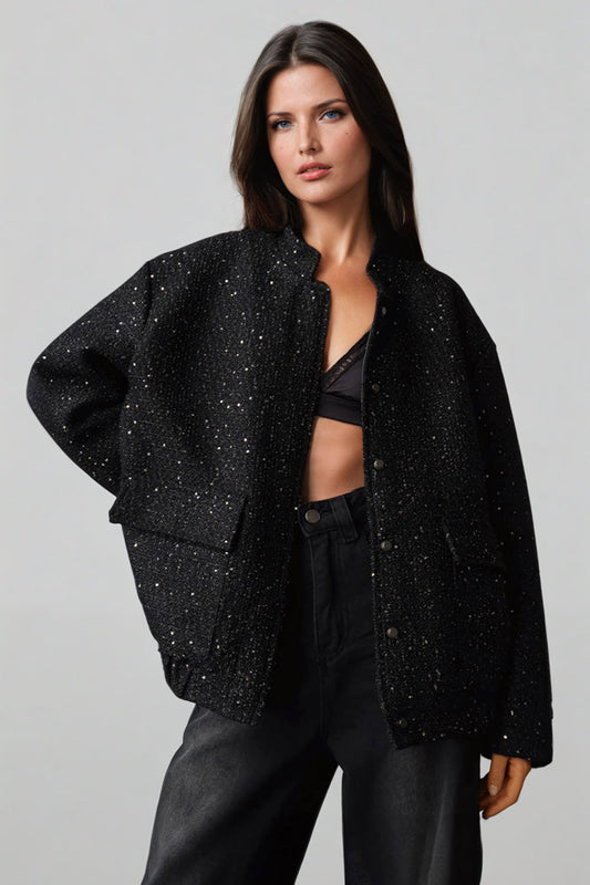 Sequin Embellished Jacket with Oversized Sleeves - Black