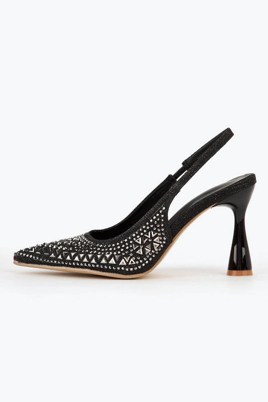 Pointed Slingback Heels with Allover Gem Detailing - Black