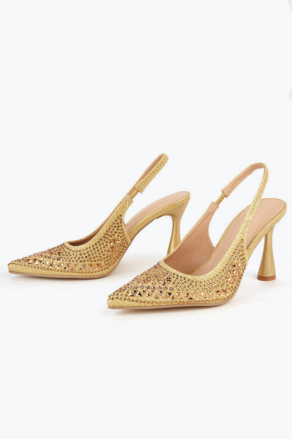 Pointed Slingback Heels with Allover Gem Detailing - Gold