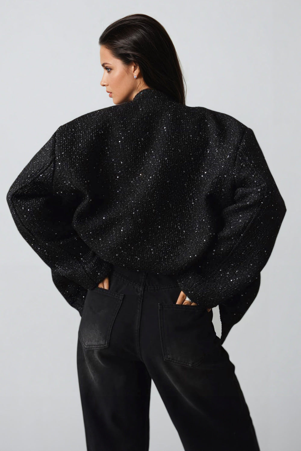 Sequin Embellished Jacket with Oversized Sleeves - Black