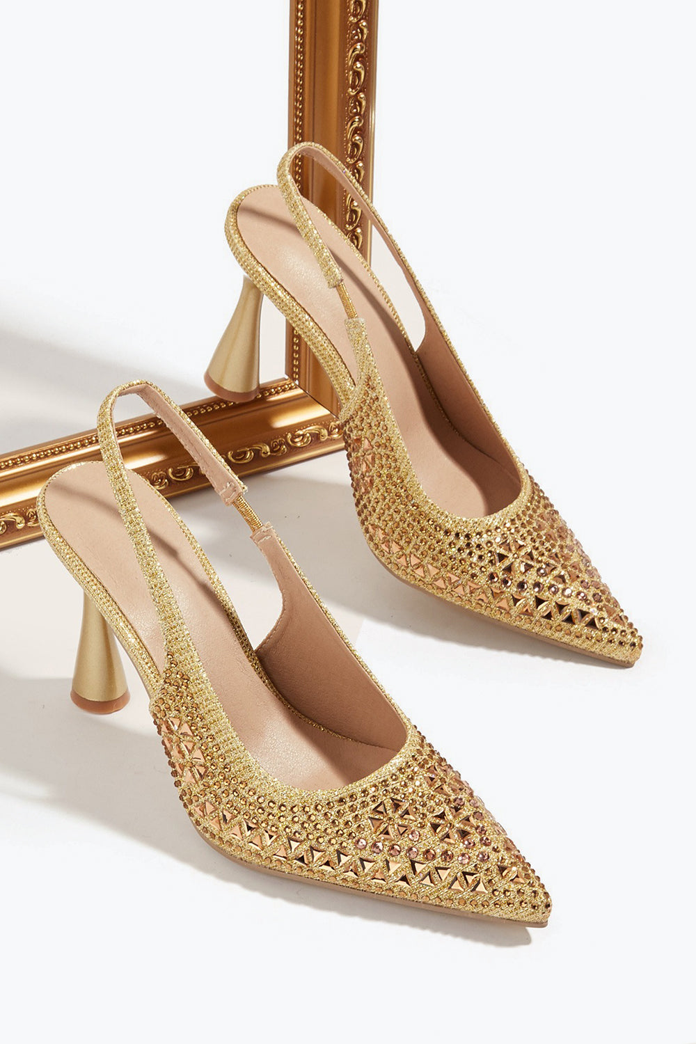 Pointed Slingback Heels with Allover Gem Detailing - Gold