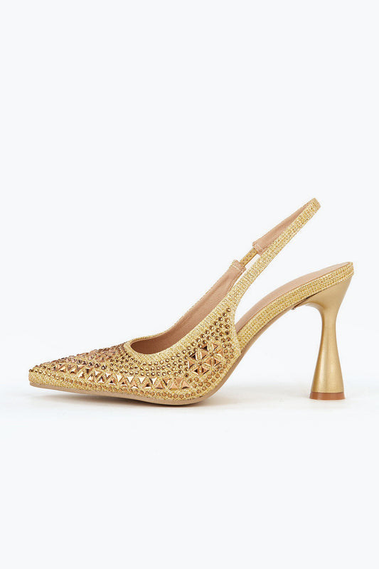 Pointed Slingback Heels with Allover Gem Detailing - Gold