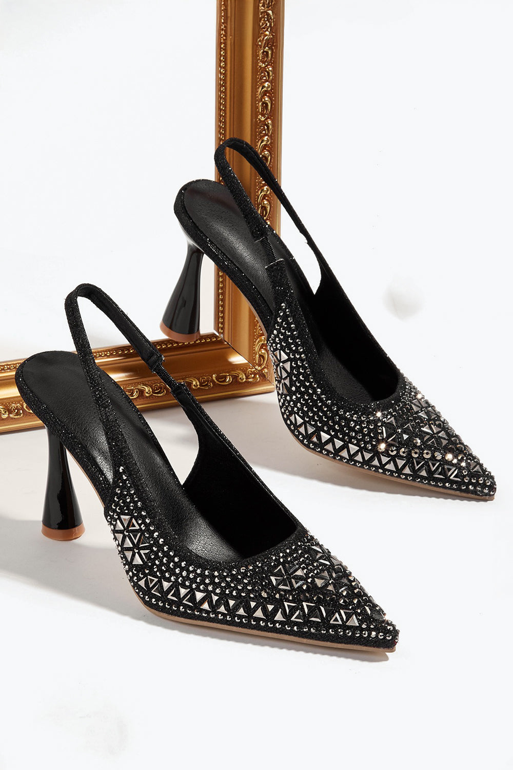 Pointed Slingback Heels with Allover Gem Detailing - Black
