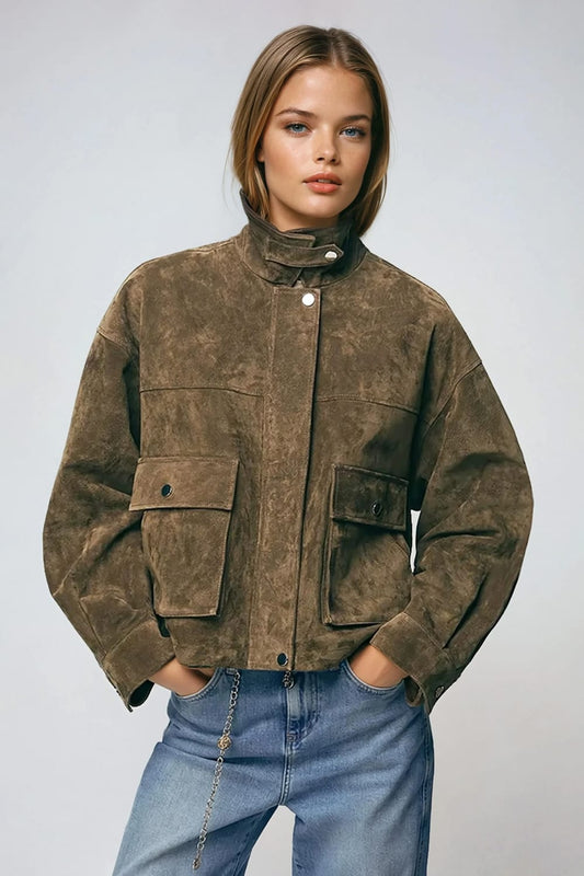 Button Detail Jacket with Front Flap Pockets - Brown