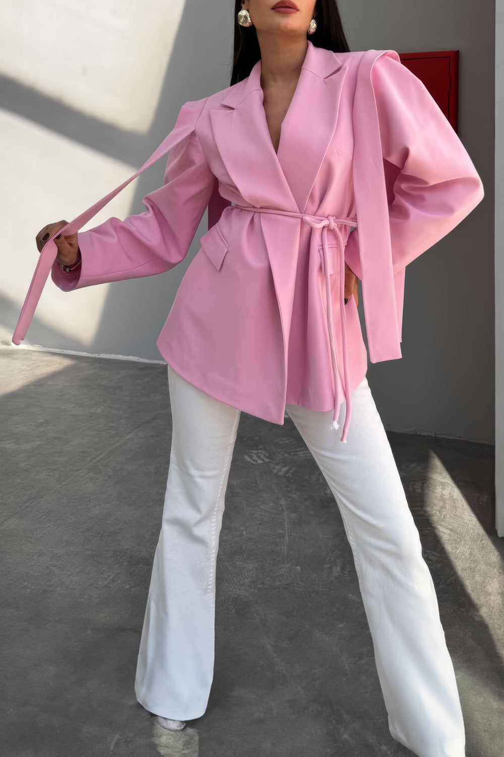 Belted Blazer with Layered Shoulder Details