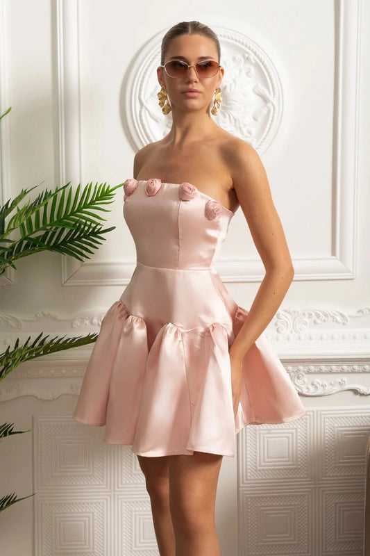 Rosette Satin Mini Dress - Pink