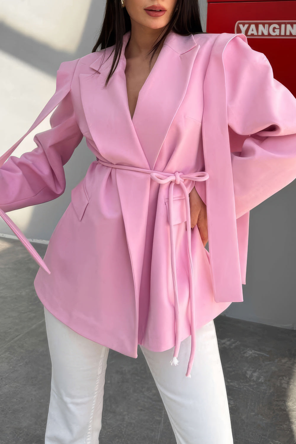 Belted Blazer with Layered Shoulder Details