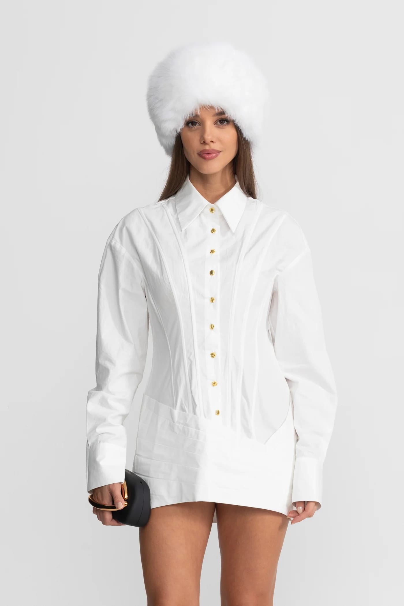 Structured Mini Dress with Gold Button Detailing - White