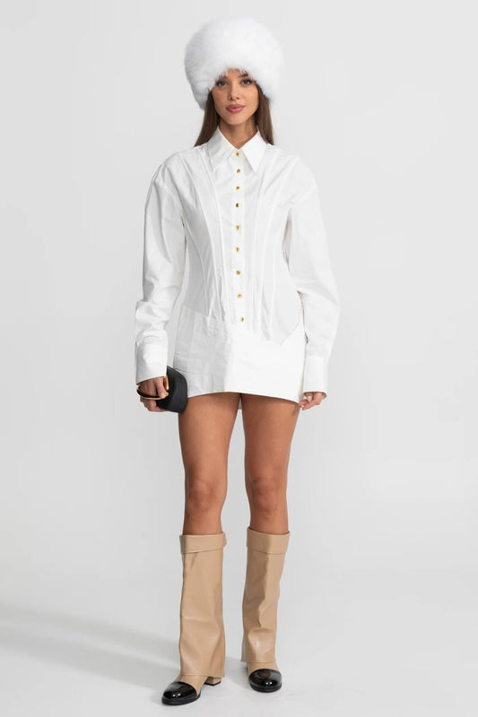 Structured Mini Dress with Gold Button Detailing - White